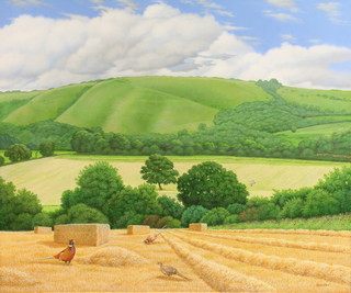 Richard Orr, acrylic on canvas, signed view of Harting Down Sussex, landscape with pheasants in a harvested field with distant downs view 18" x 23" 