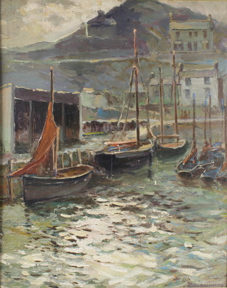 Hurst Balmford (1871-1950), oil on board, signed, Polperro,inscribed en verso "sunset over the harbour" 22" x 16"  