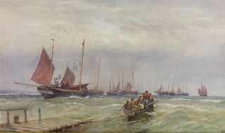 W B, watercolour, fishing vessels in choppy seas, monogrammed 11 1/2" x 19 1/2" 