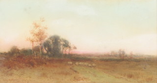 H Sylvester Stannard, watercolour, signed, study of sheep in a sunset landscape 5" x 9 1/2" 