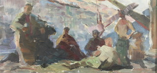20th Century oil on canvas, Russian school, study of resting workers 8 1/2" x 18" 