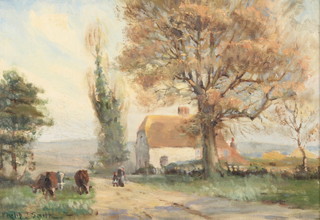 Philip J Smith, oil on board, signed, study of cattle in a rural landscape, inscribed on verso Sussex Cottage West Grinstead 9" x 13" 