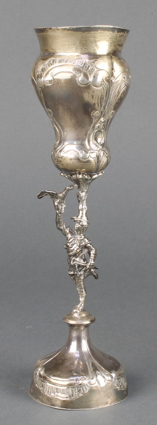 A 19th Century Hanau silver wedding cup with repousse decoration and figural stem imported by Berthold Muller import marks Chester 1898 8 1/2" 