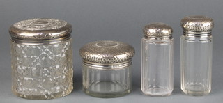 An Edwardian cut glass silver mounted toilet jar Birmingham 1907 3 1/2", 3 others 