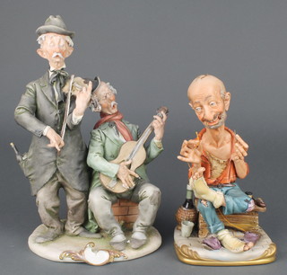 A Capodimonte figure group of 2 tramp musicians 10", ditto tramp sewing his sock 8" 