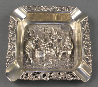 A Dutch repousse silver square ashtray decorated with an Inn scene 65 grams