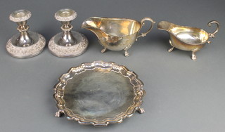 A silver plated card tray with pie crust rim 8" and minor plated items 