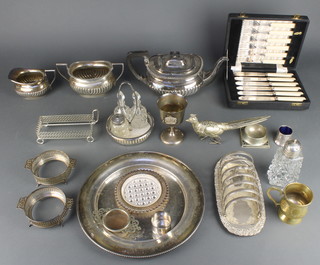 A silver plated 3 piece tea set and minor plated items 