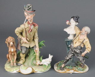 A Capodimonte figure of a huntsman with hound and cockerel 10 1/2", ditto of a drunk hugging a statue 8 1/2" 