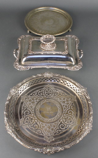 A silver plated entree dish and cover, 2 salvers