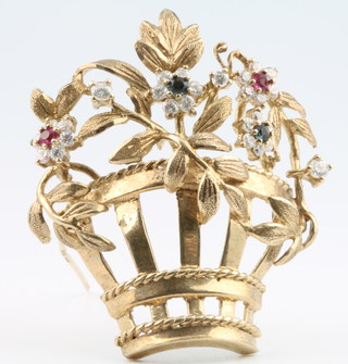 A 9ct diamond, sapphire and ruby brooch in the form of a basket of flowers 10.1 grams