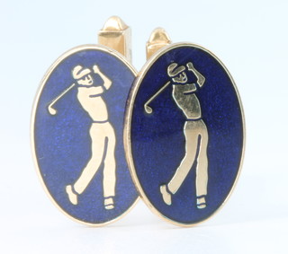 A pair of 9ct yellow gold and enamel cufflinks decorated with golfers 6.4 grams