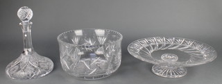 A glass ships decanter 10", a fruit bowl and a ditto pedestal bowl 