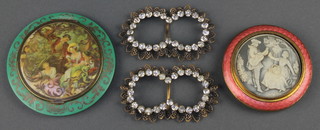 A pair of paste set buckles, an enamelled intaglio plaque and a compact