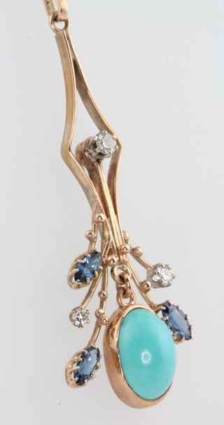 A yellow gold diamond, emerald and turquoise drop pendant