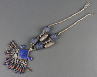 A white metal and lapis lazuli hardstone necklace