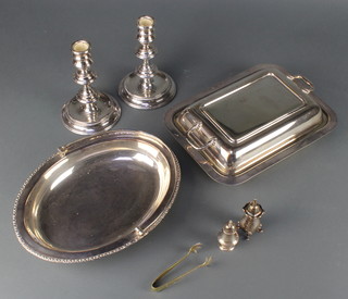 A pair of Queen Anne style silver plated candlesticks 6" and minor plated items and 1 silver conditment
