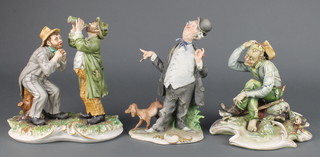 A Capodimonte figure of a seated tramp 5", a ditto of 2 standing tramps 7" and a gentleman with dog 7" 
