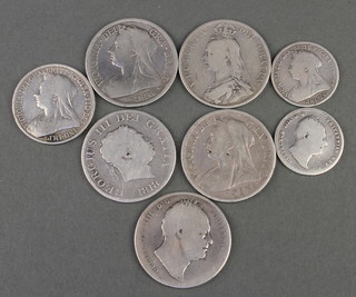 A George III silver shilling and 7 other silver coins 