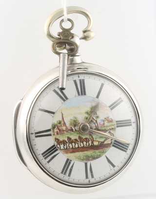 A Victorian silver pair cased pocket watch, the dial painted with a harvesting scene London 1851, the verge movement engraved George Gurr Ewhurst no.29430 