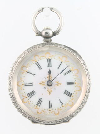 An Edwardian silver cased fob watch with gilt decorated dial 
