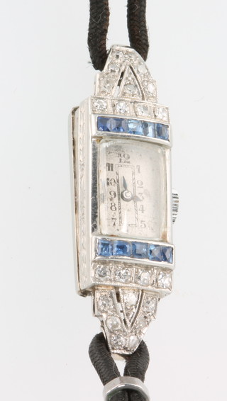 A lady's platinum diamond and sapphire Art Deco cocktail watch on a silk bracelet 