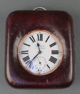 A plated cased Goliath pocket watch with seconds at 6 o'clock in a leather case 