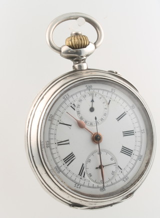 A 19th Century silver Continental chronograph pocket watch with subsidiary calendar and seconds dial 
