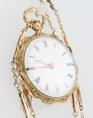 A lady's 18ct yellow gold and enamelled fob watch with floral decoration on a 14ct yellow gold chain 