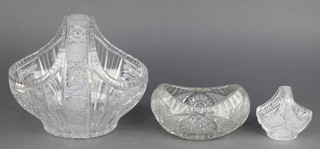 A cut glass basket 11", a ditto bowl and small basket 
