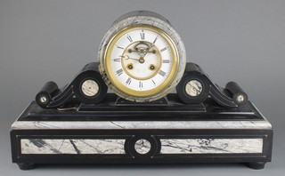 A Victorian French 8 day striking mantel clock contained in a 2 colour marble cylinder case with scrolls to the side, the enamelled dial with Roman numerals and visible escapement, retailed by Reed & Son, the back plate marked RC and with Rod of Asclepius 