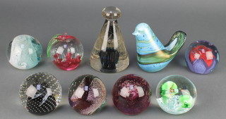 5 Caithness paperweights - Tidal Wave, Cauldron, Diablo, Fire Ball and Windfall, 3 others and a Studio paperweight in the form of a bird 
