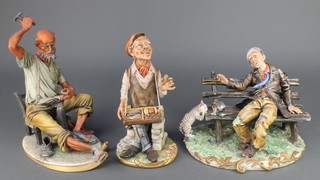 A Capodimonte figure of a cobbler 8", a ditto of a street seller 8" and another of a tramp on a bench 6" 