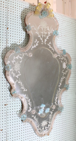 A Venetian style etched and moulded glass mirror 43" x 27"