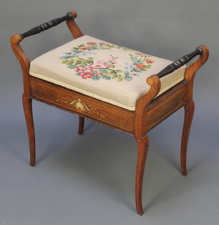 A Victorian inlaid rosewood box seat piano stool, the hinged lid with Berlin wool work tapestry raised on cabriole supports 23"h x 25 1/2"w x 14"d 
