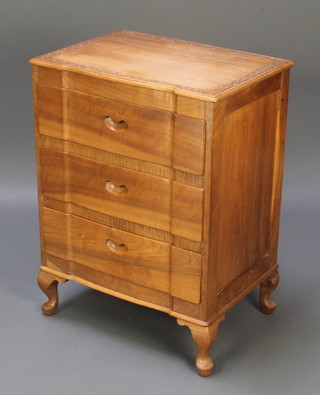 A Kashmir carved hardwood chest of 3 long drawers, raised on cabriole supports 39 1/2"h x 22"w x 16"d 