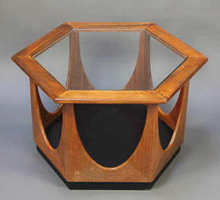 A G-Plan "Hexagon" teak coffee table designed by V B Wilkins  in 1967, with plate glass top 17"h x 28 1/2"w x 25"d 