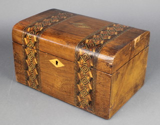 An Edwardian inlaid mahogany dome shaped trinket box with fitted interior inlaid banding 6" x 10"w x 7"d 