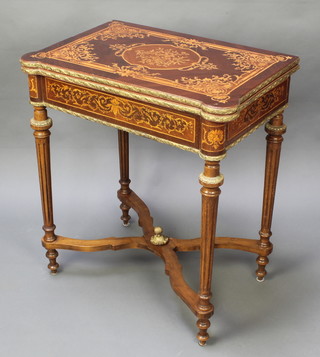 A 20th Century French inlaid Kingwood card table of shaped outline and with gilt metal embellishments, the top inlaid flowers, raised on turned and fluted supports with X framed stretcher 31"h x 27"w x 18"d 