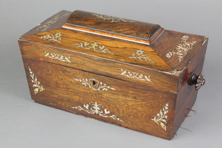 A Victorian rosewood inlaid mother of pearl sarcophagus twin compartment tea caddy, the interior with associated mixing/sugar bowl and 2 hinged caddies (1 hinge f) 7"h x 12 1/2"w x 6 1/2"d 