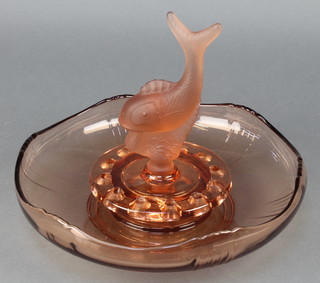 An amber glass flower bowl with fish centre 12" 
