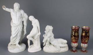 A Victorian Minton Parian figure of a naked bound lady 10", a ditto of a classical robed gentleman 19", a cast composition figure of a naked lady 13 1/2" together a parian lady and a pair of pink and gilt glass vases 9" 