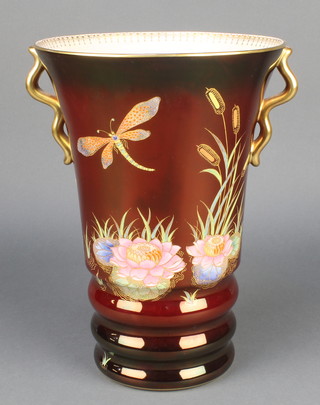 A Carlton Ware Rouge Royale cylindrical tapered vase with scroll handles decorated with a dragonfly amongst bull rushes and flowers 1692 11" 