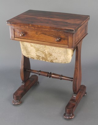 A William IV inlaid rosewood flip top card/games table, the base fitted a drawer with deep basket raised on standard end supports with H framed stretcher 29 1/2"h x 21"w x 15"d 