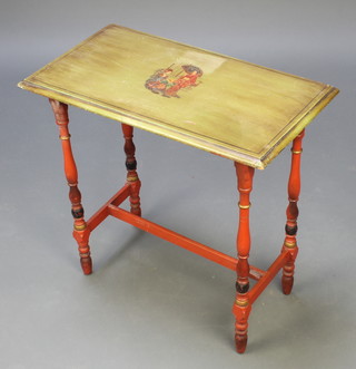 A rectangular painted and lacquered chinoiserie occasional table, raised on turned supports with H framed stretcher 23"h x 24"w x 13"d 