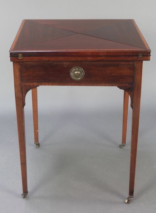 An Edwardian inlaid mahogany envelope card table, fitted a frieze drawer and raised on square tapered supports 28 1/2"h x 22"w x 22"d  