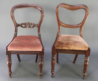 A Victorian mahogany balloon back dining chair with shaped mid rail and upholstered drop in seat raised on turned supports together with a plain ditto