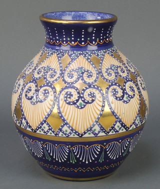 A Quimper baluster blue ground vase with gilt shell decoration 7" 