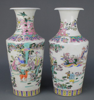 A pair of Chinese famille rose vases decorated with figures and deer in an extensive landscape 17" 