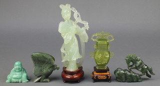 A Chinese carved jadeite figure of a lady 6 1/2" and 4 jadeite carvings 